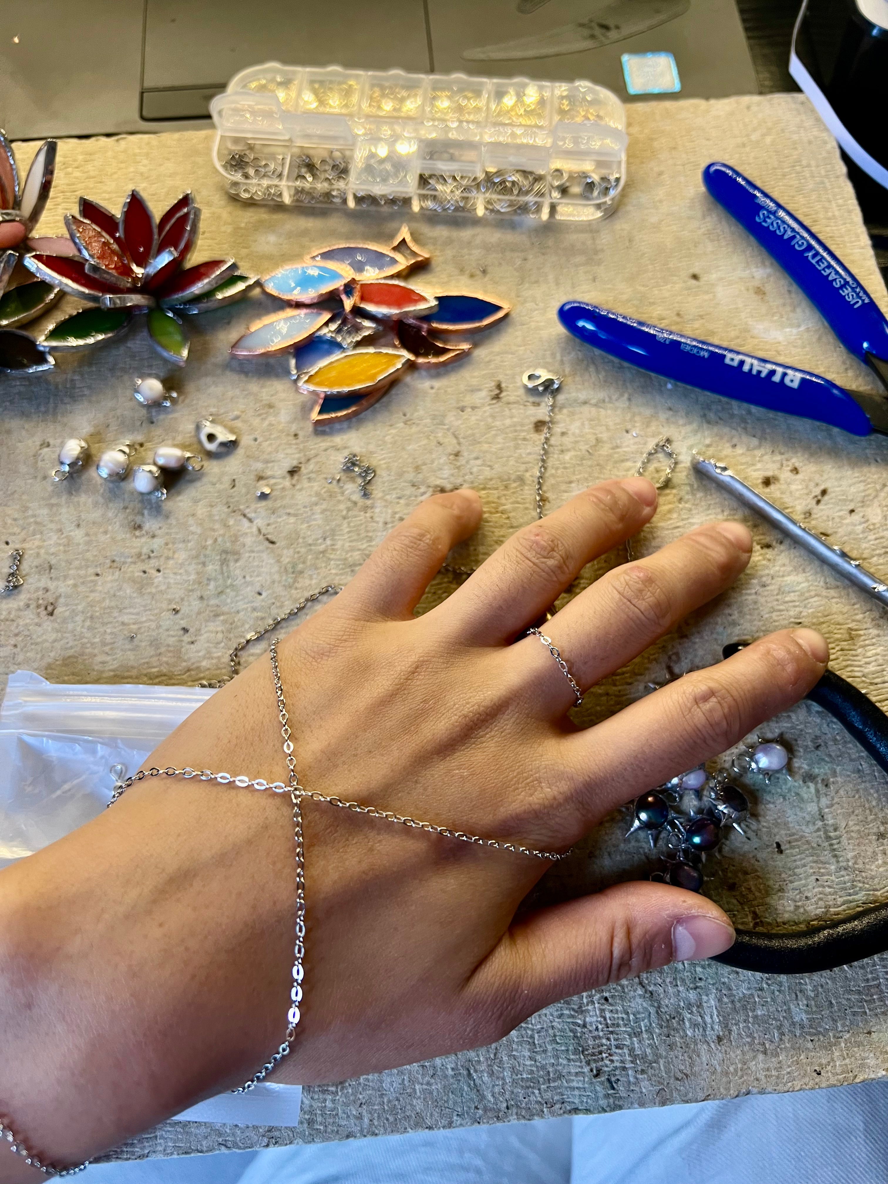 Long Spike Hand Chain with Black Freshwater Pearl