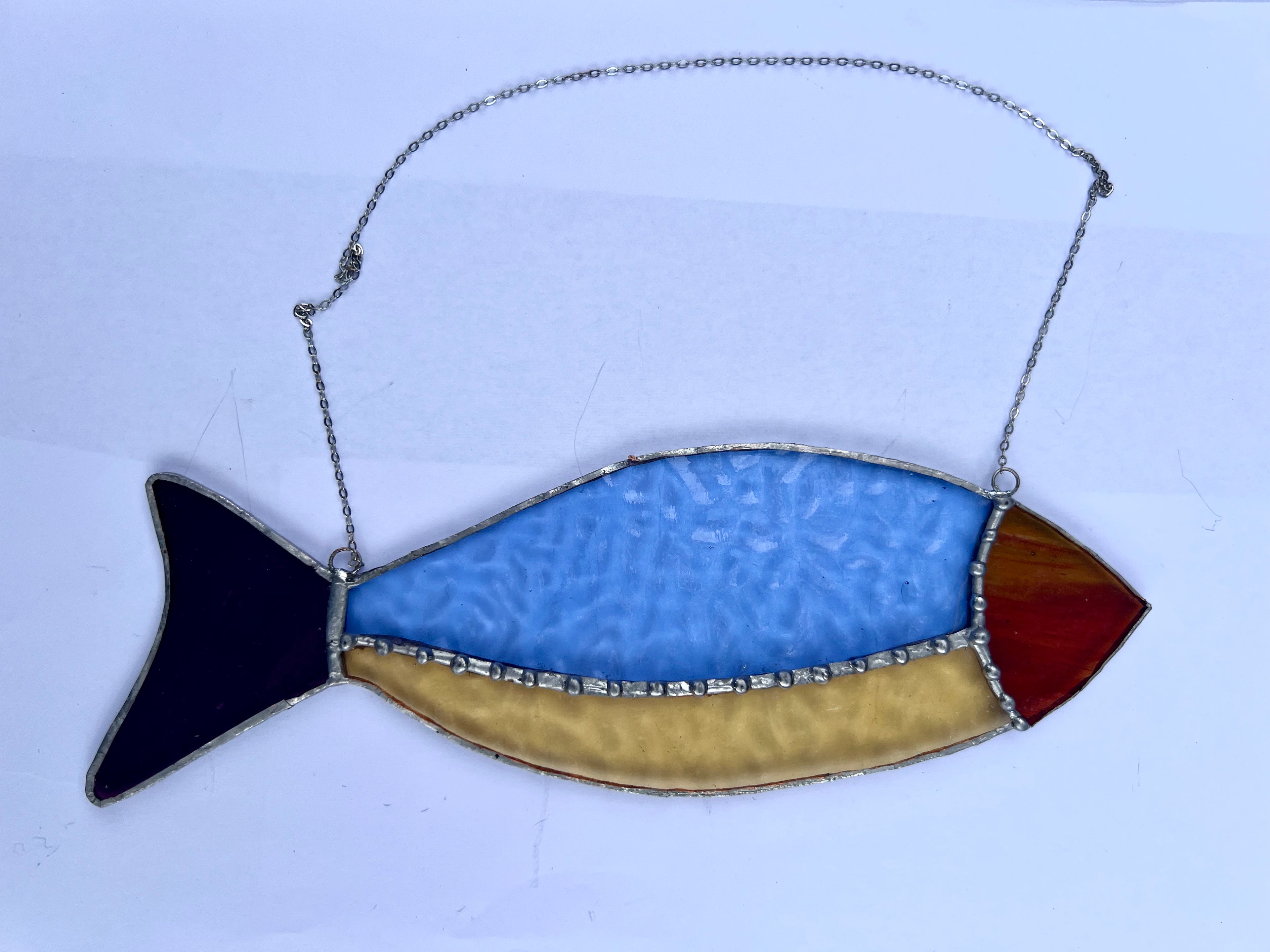 Stained Glass Fish suncatcher – Blue & Yellow, Textured Belly Detail