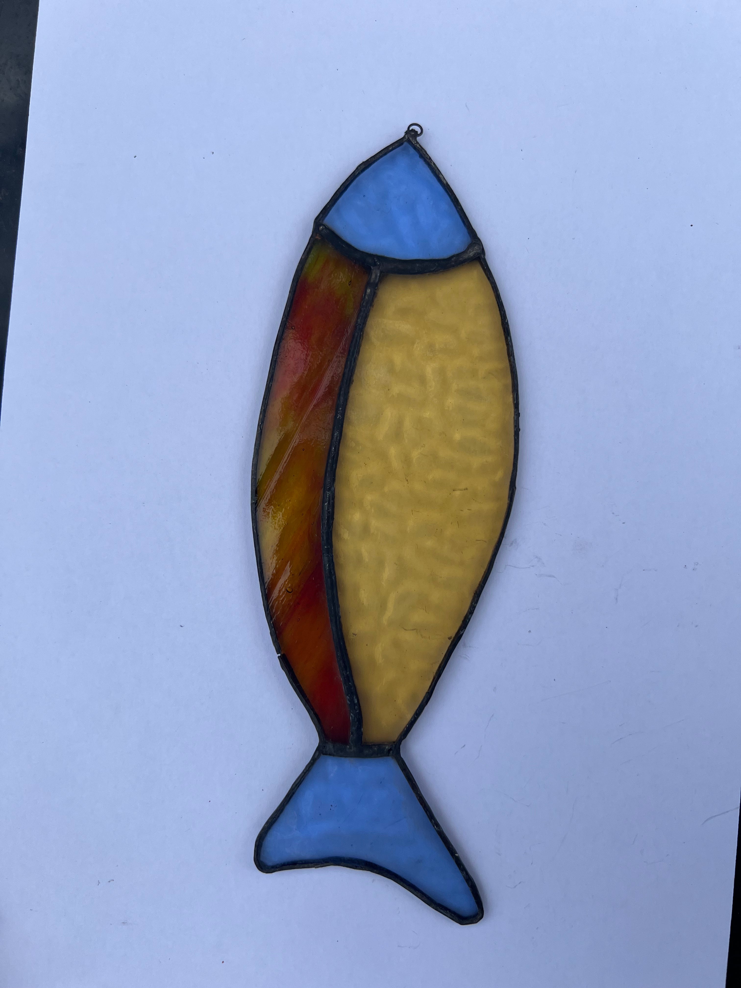 Black edges Stained Glass Fish suncatcher – Firey orange, yellow, sky blue