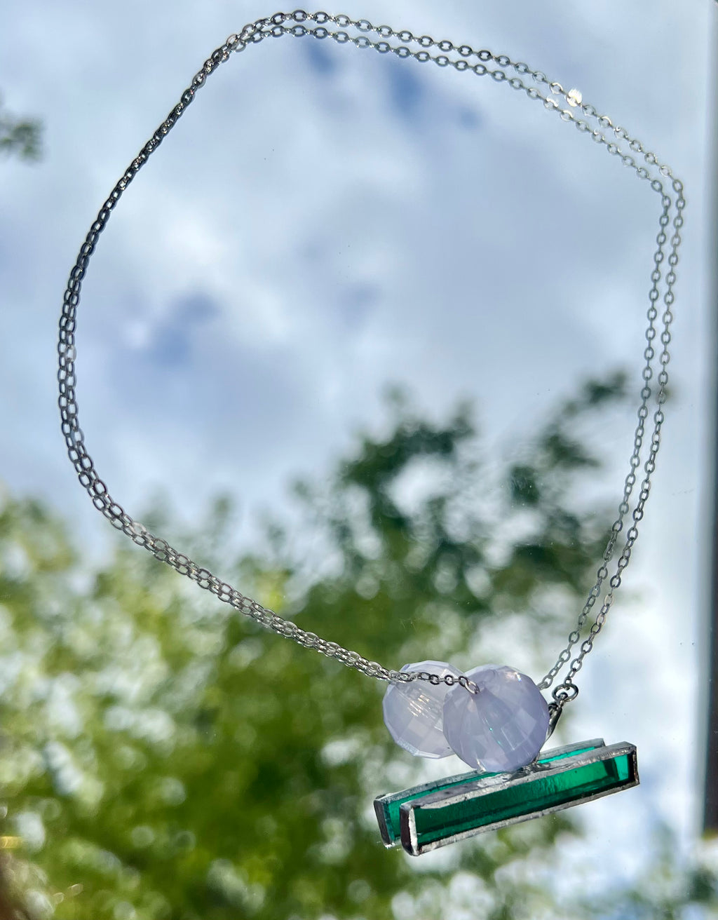 Emerald Glass Stainless Steel Necklace with Adjustable Lilac Bead