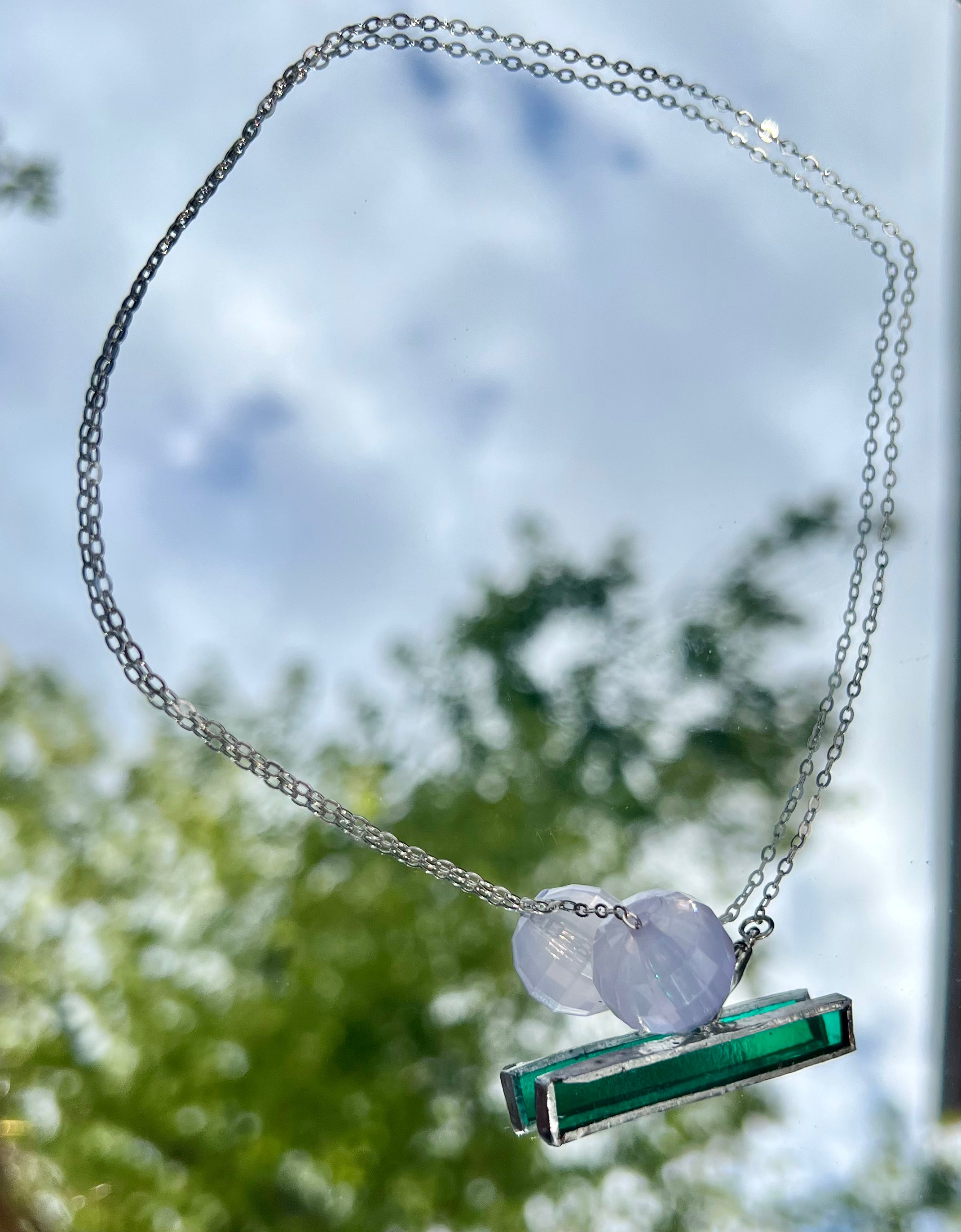 Emerald Glass Stainless Steel Necklace with Adjustable Lilac Bead