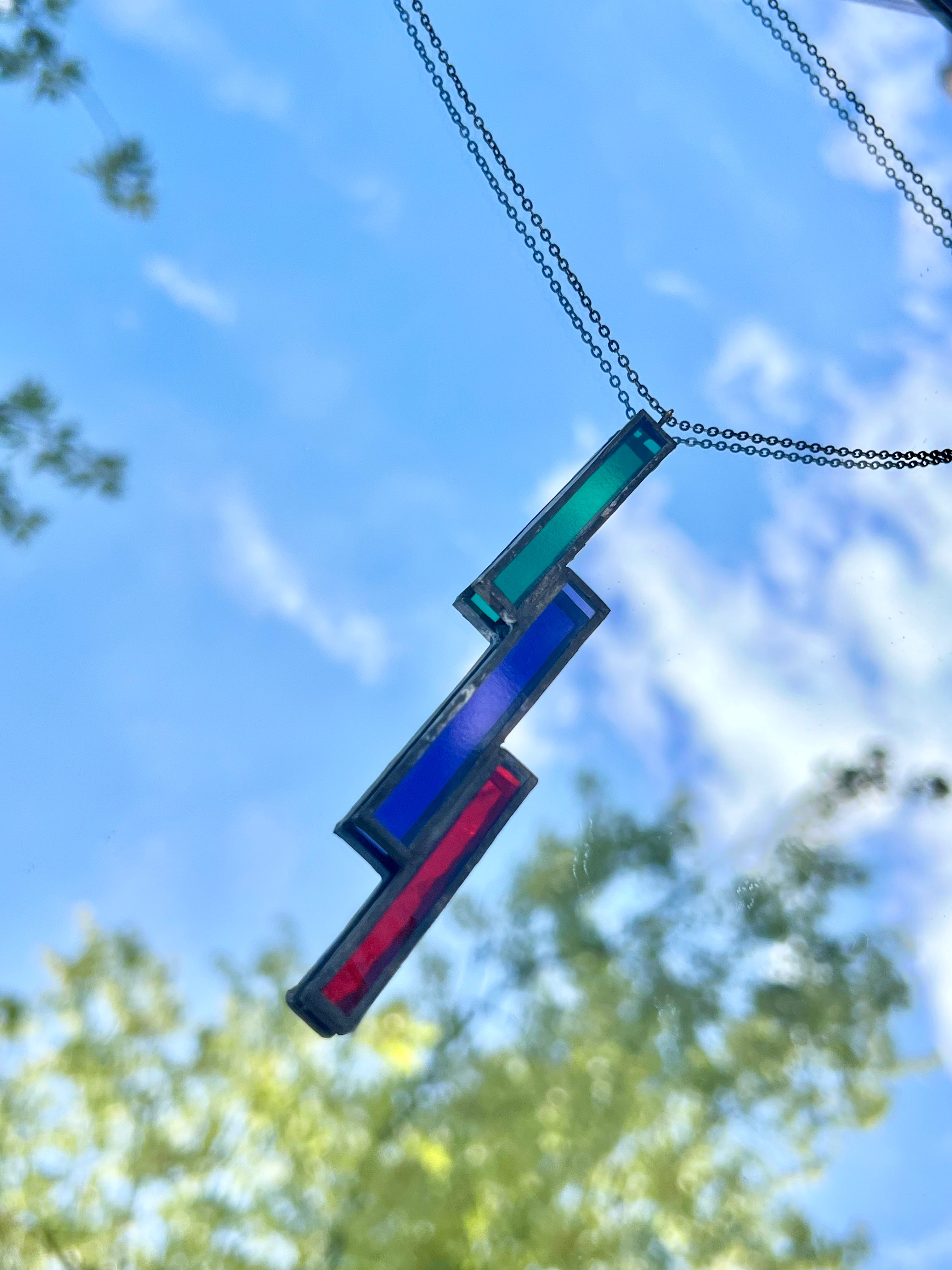 Unisex Trio Necklace – Green, Blue & Red Stained Glass Bars