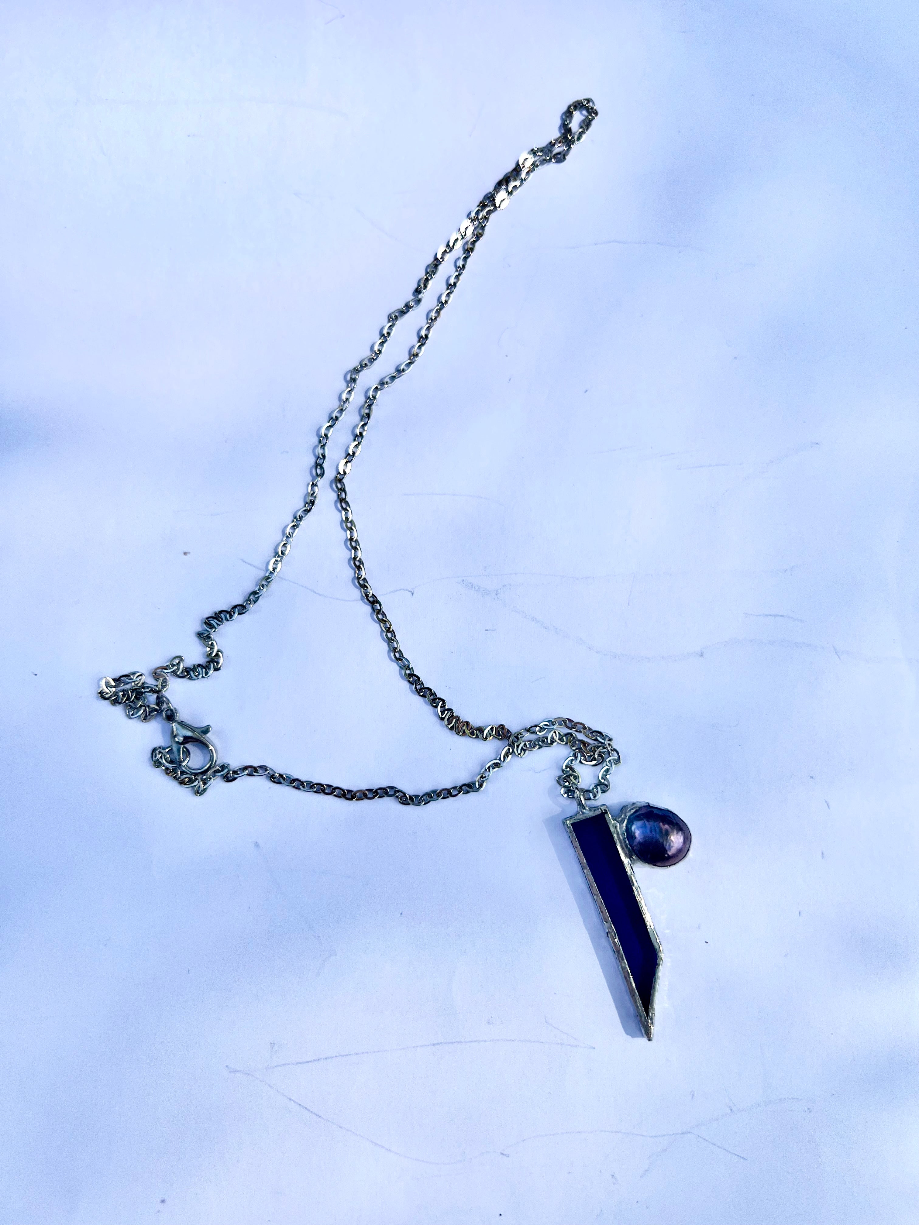 Scorpio Themed Necklace – Navy Stained Glass with Black Freshwater Pearl