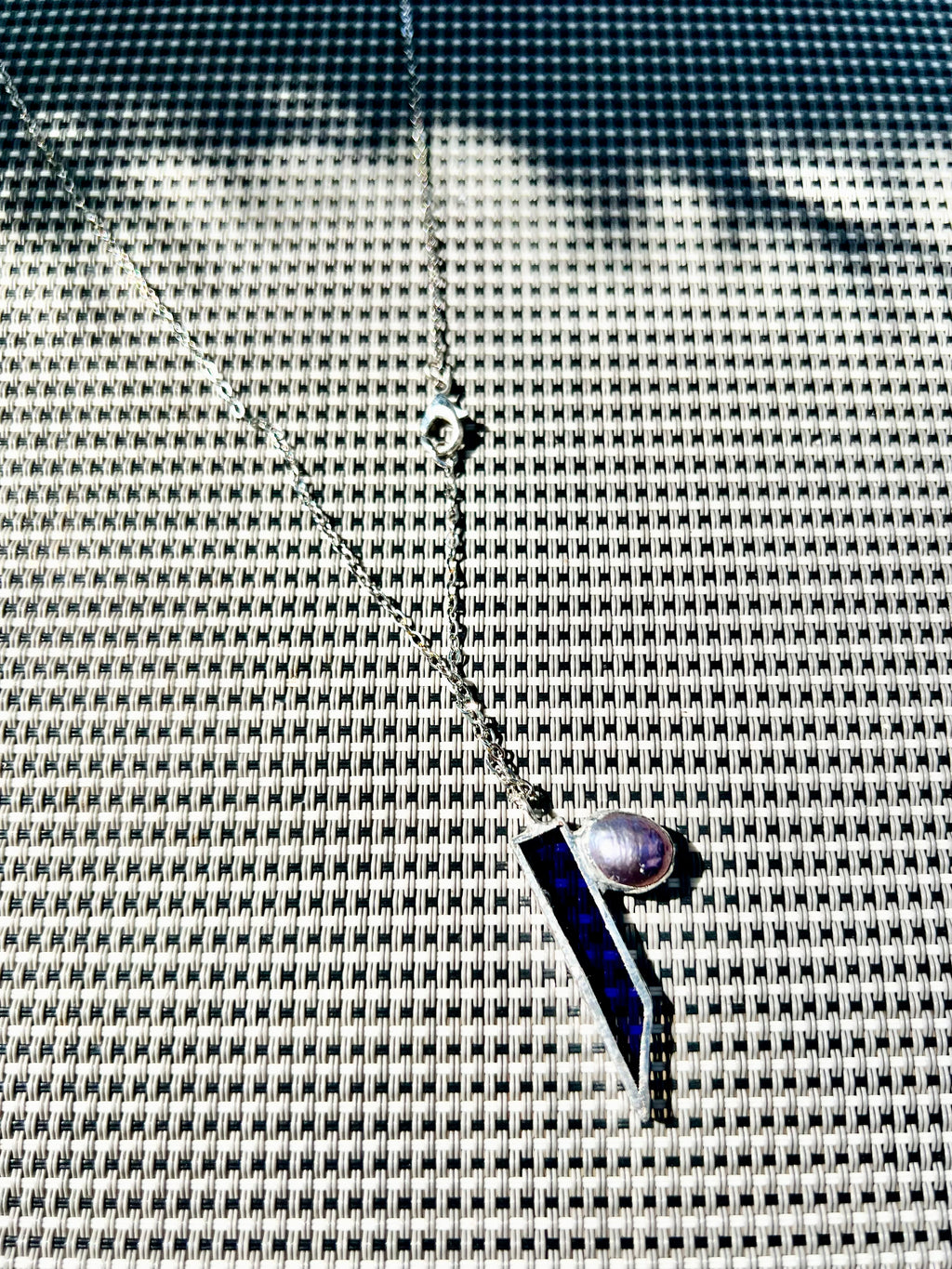 Scorpio Themed Necklace – Navy Stained Glass with Black Freshwater Pearl