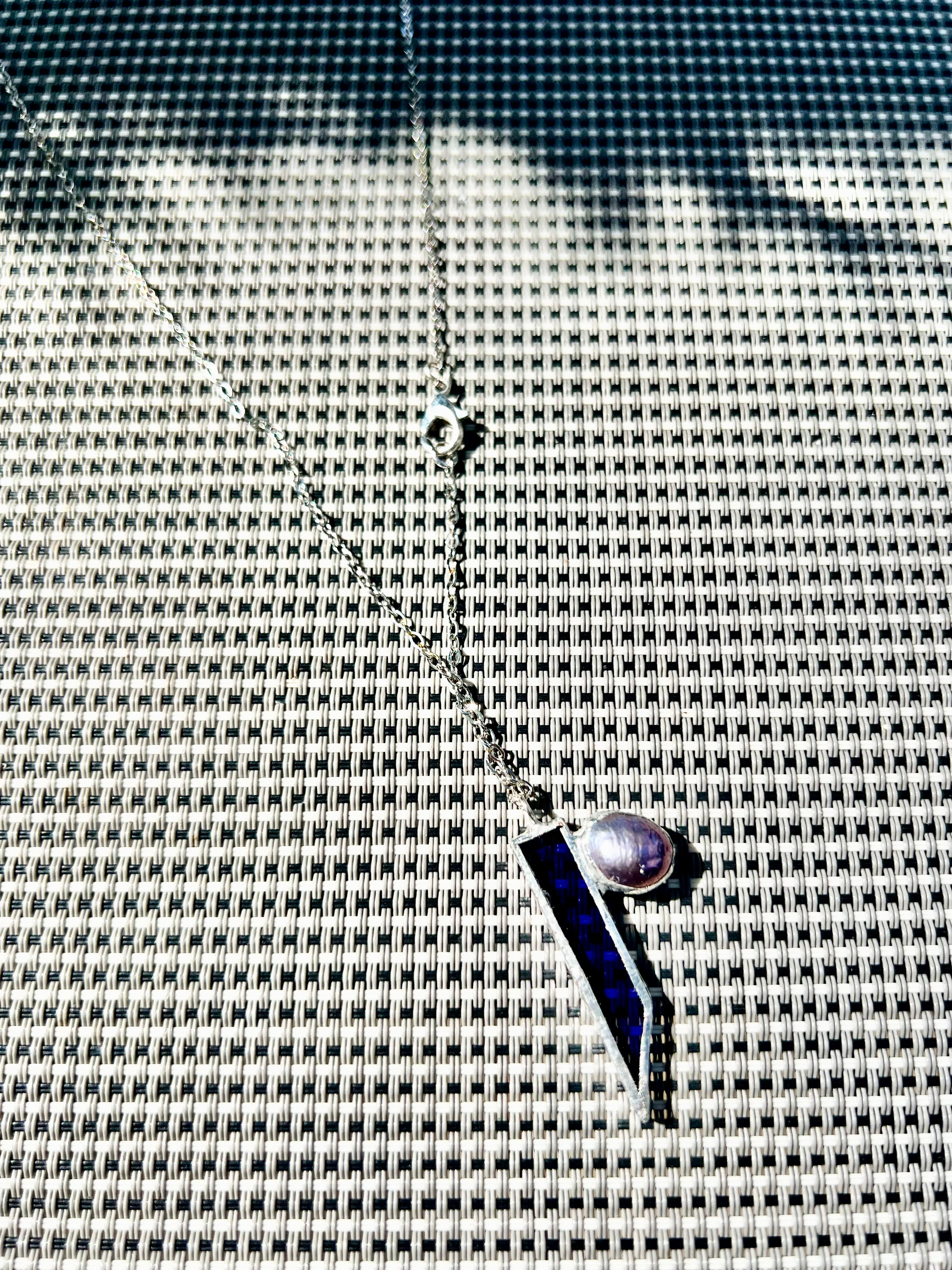 Scorpio Themed Necklace – Navy Stained Glass with Black Freshwater Pearl