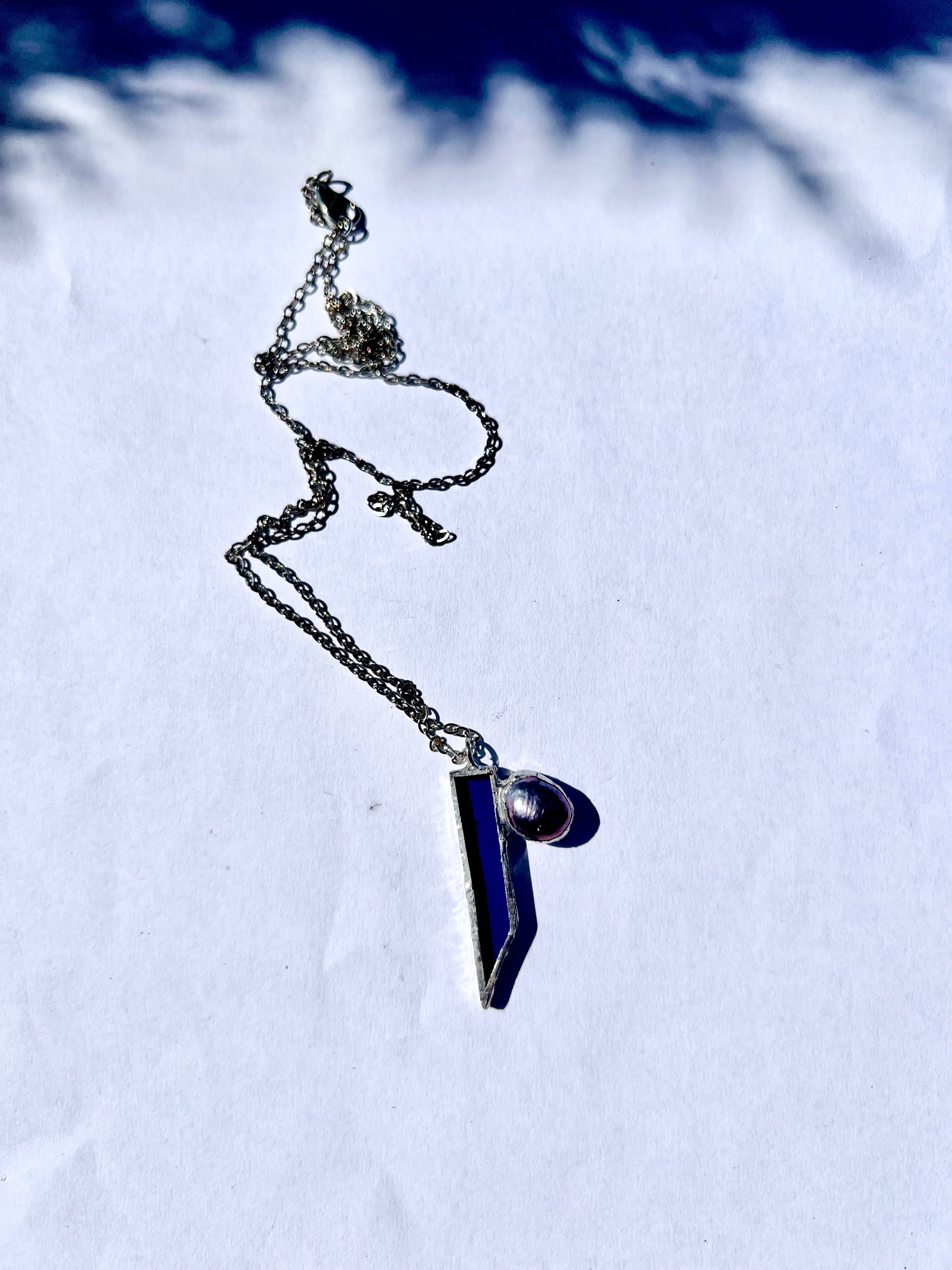 Scorpio Themed Necklace – Navy Stained Glass with Black Freshwater Pearl