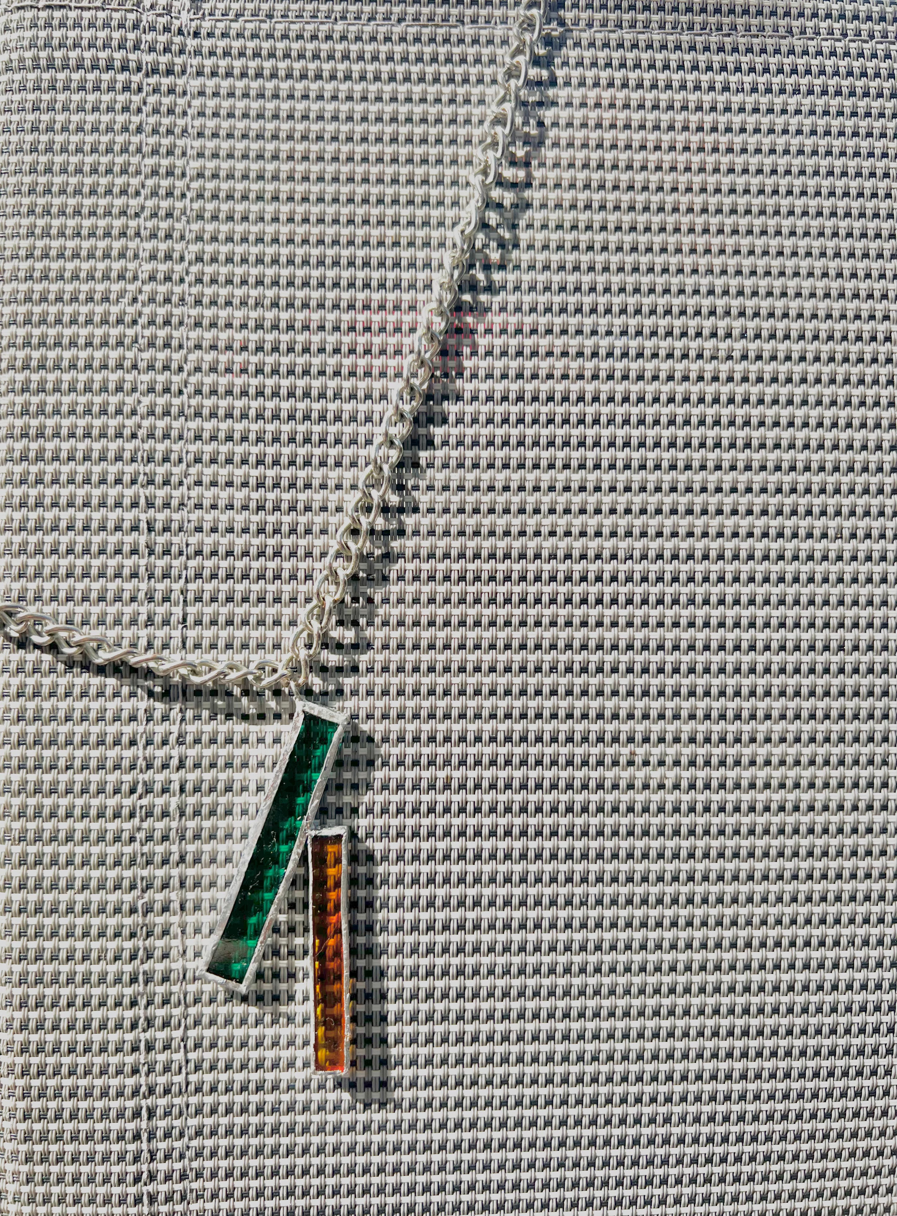 Leo Flame Necklace – Green & Orange Stained Glass on Thick Stainless Steel Chain