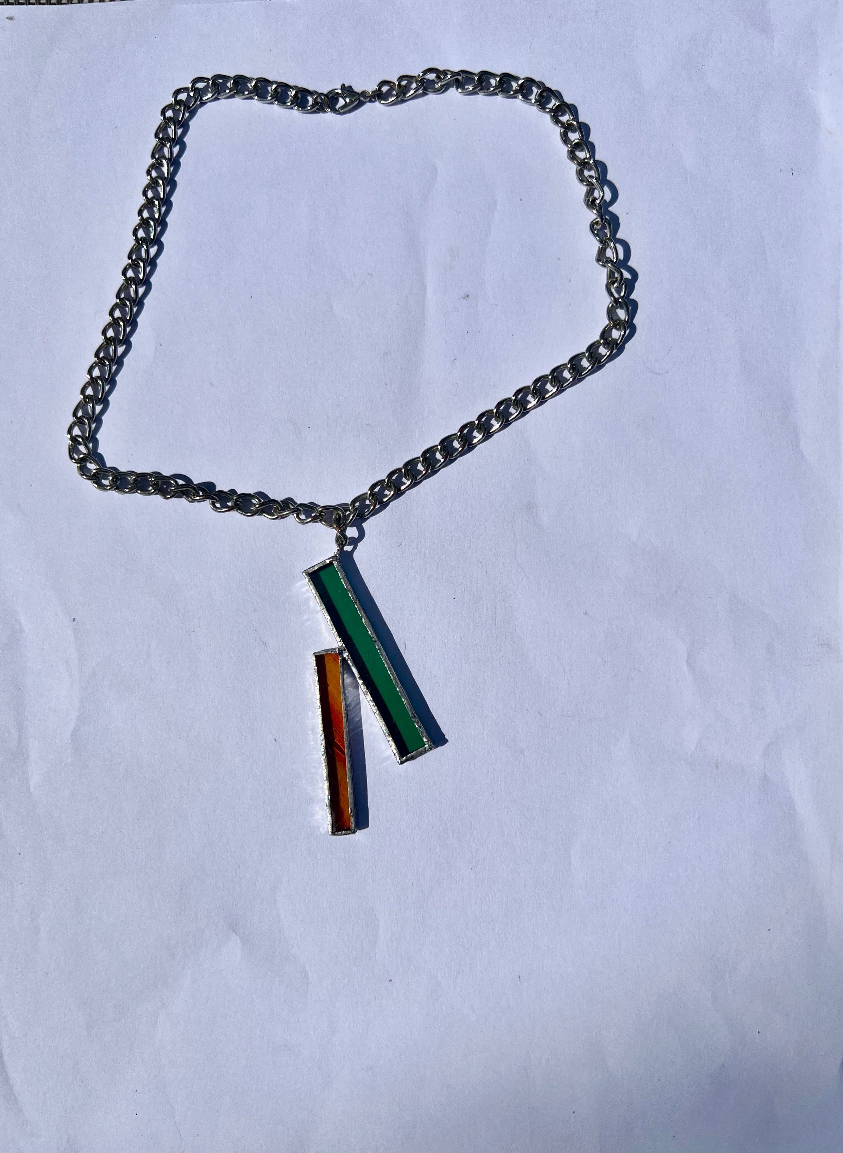 Leo Flame Necklace – Green & Orange Stained Glass on Thick Stainless Steel Chain