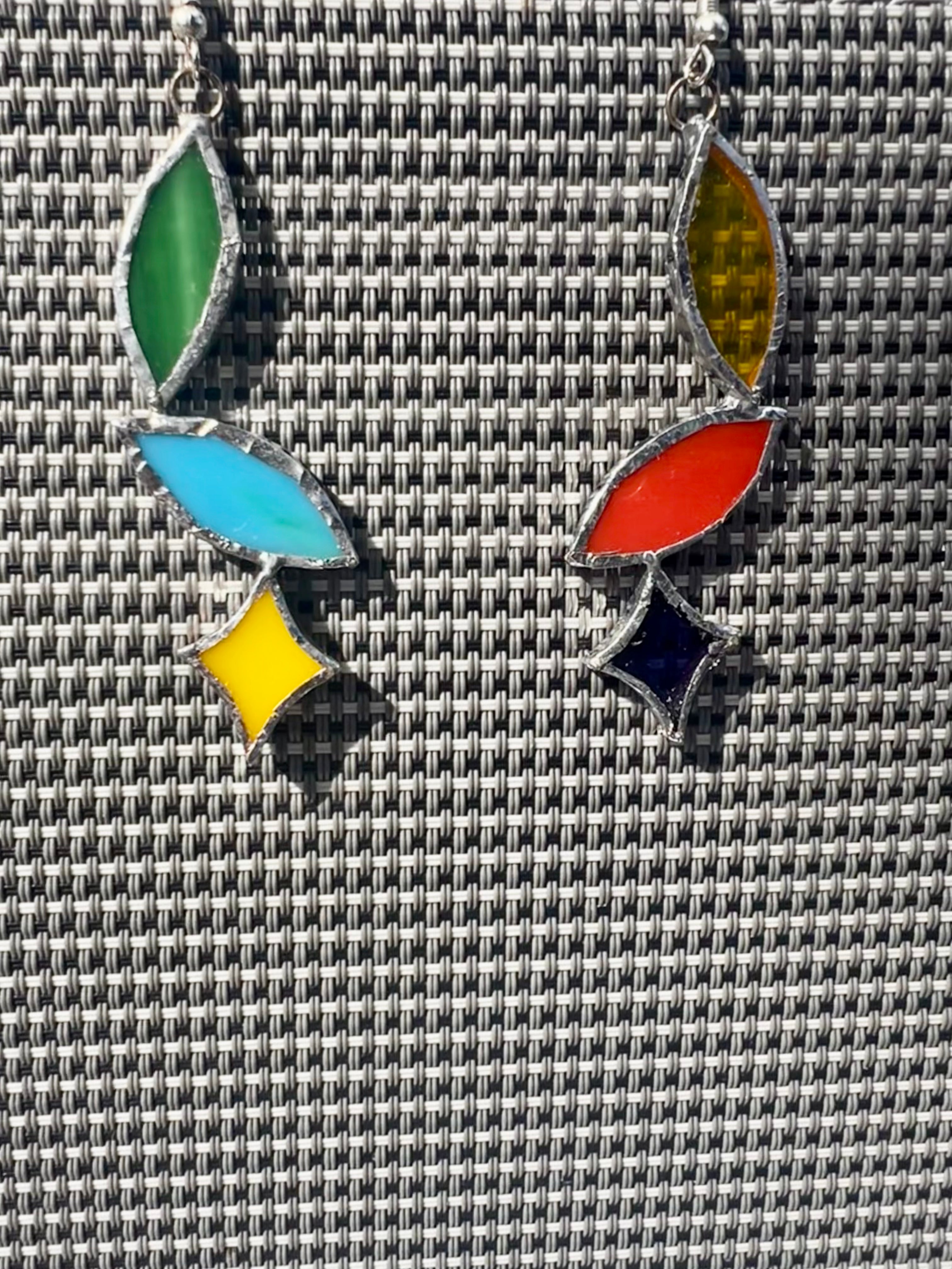 Star & Leaf Contrast Earrings – Bold Stained Glass with Shiny Accent