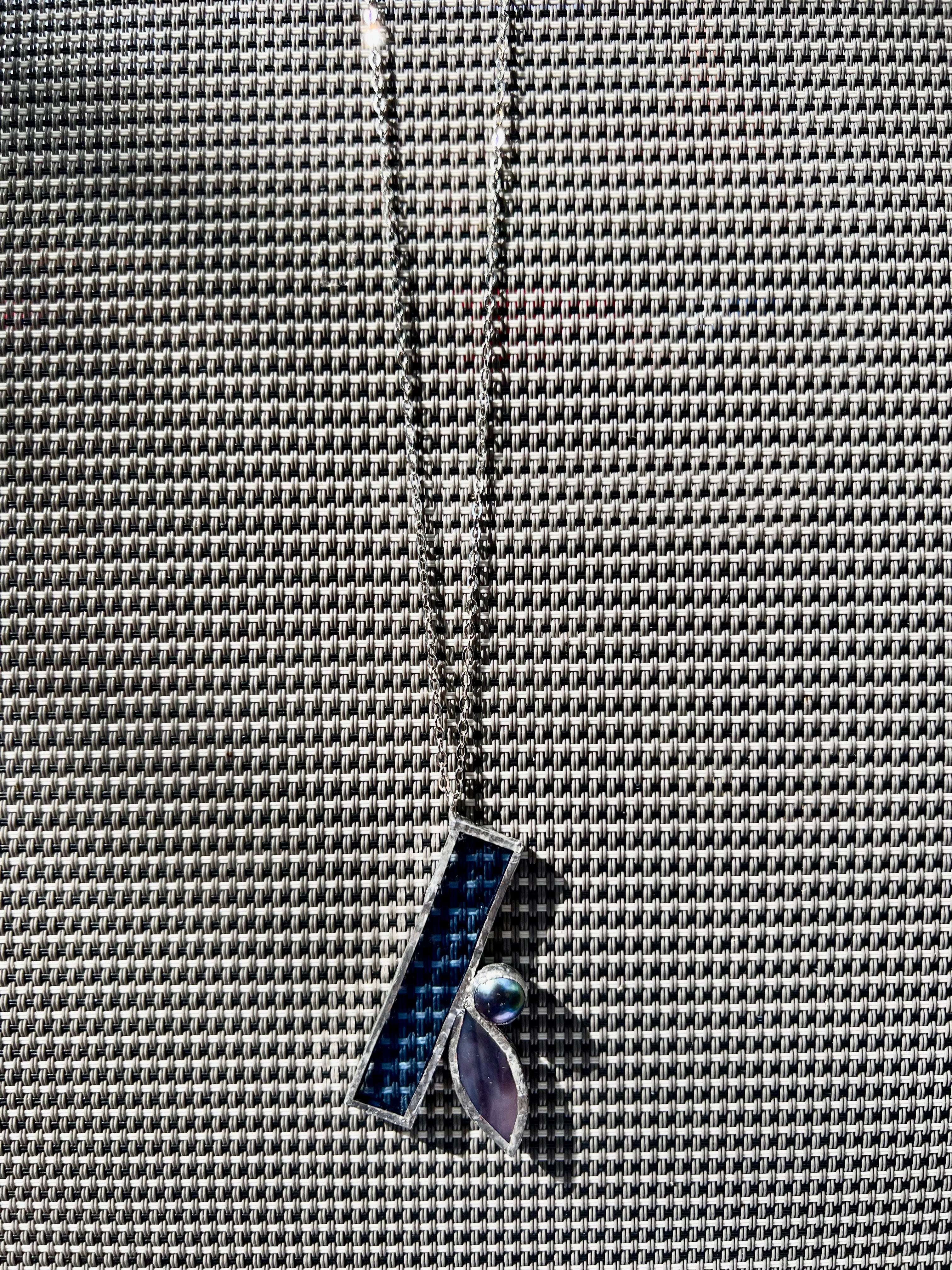 Where glass meets grit - Duo Navy Stained Glass & Pearl on Chain