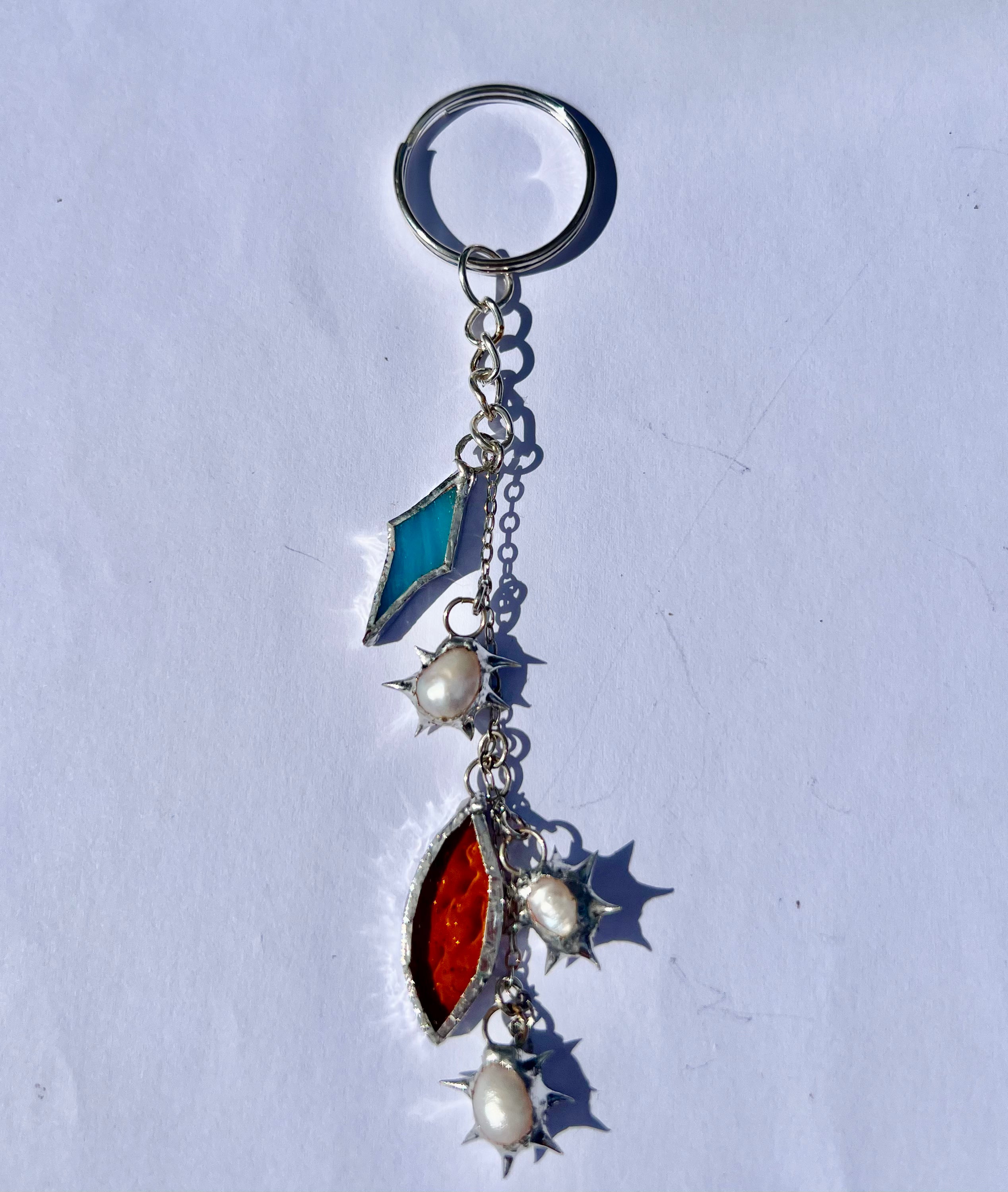 Vivid Edge Keychain – Colourful Stained Glass &amp; Spiky Pearl Accent