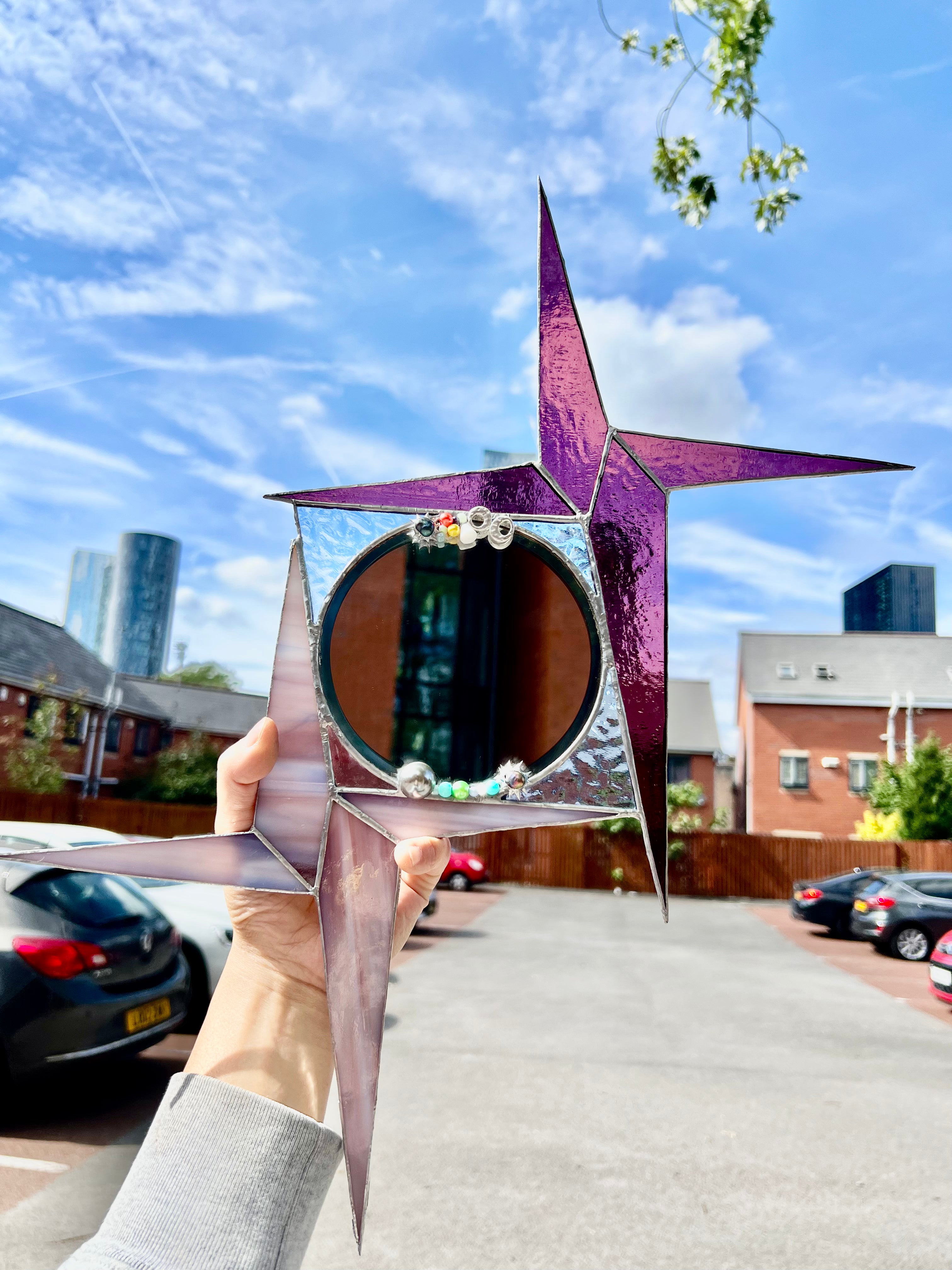 Groovy Starburst Mirror – Retro 60s Vibe with Purple Stained Glass