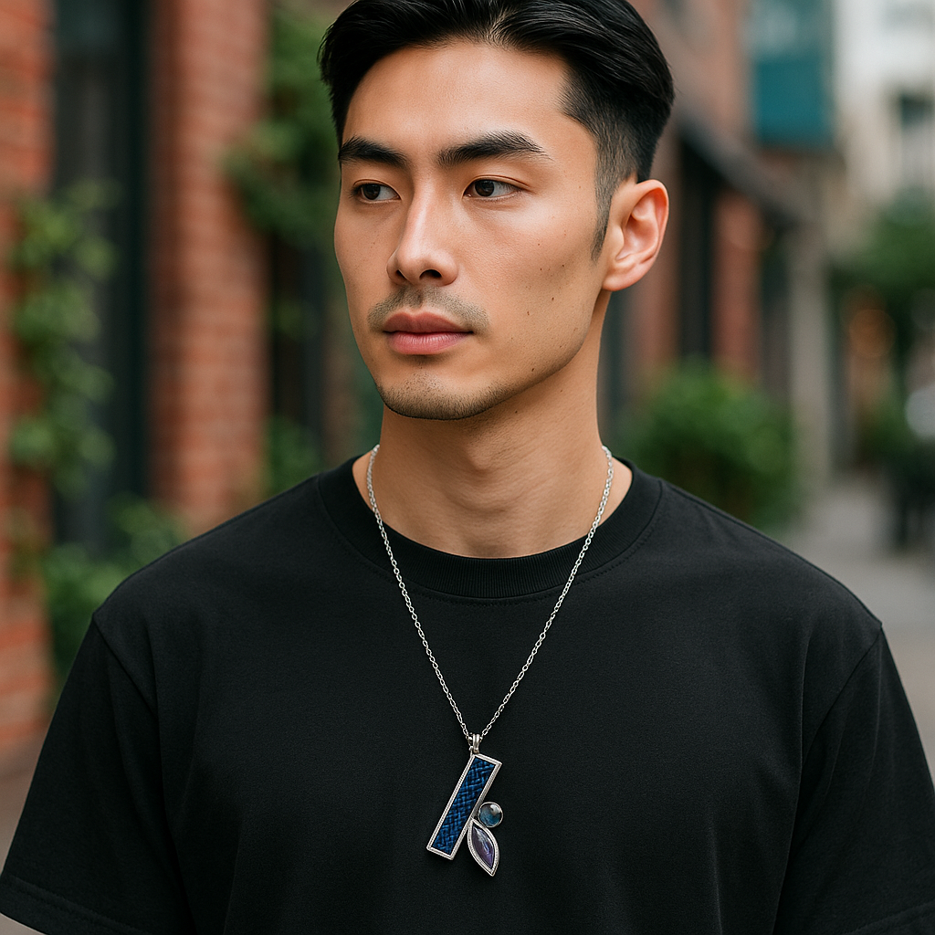 Where glass meets grit - Duo Navy Stained Glass & Pearl on Chain