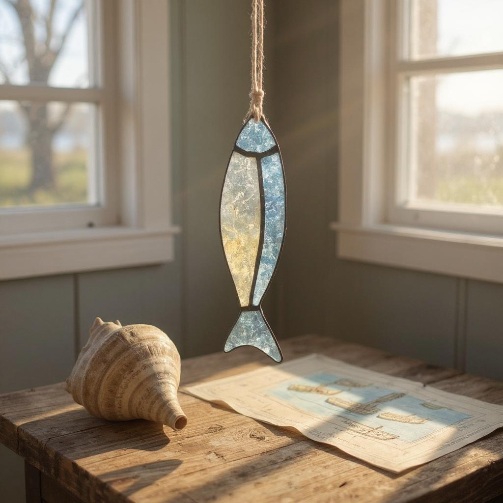 Stained glass fish decoration on a wooden surface with a shell and paper in the background.