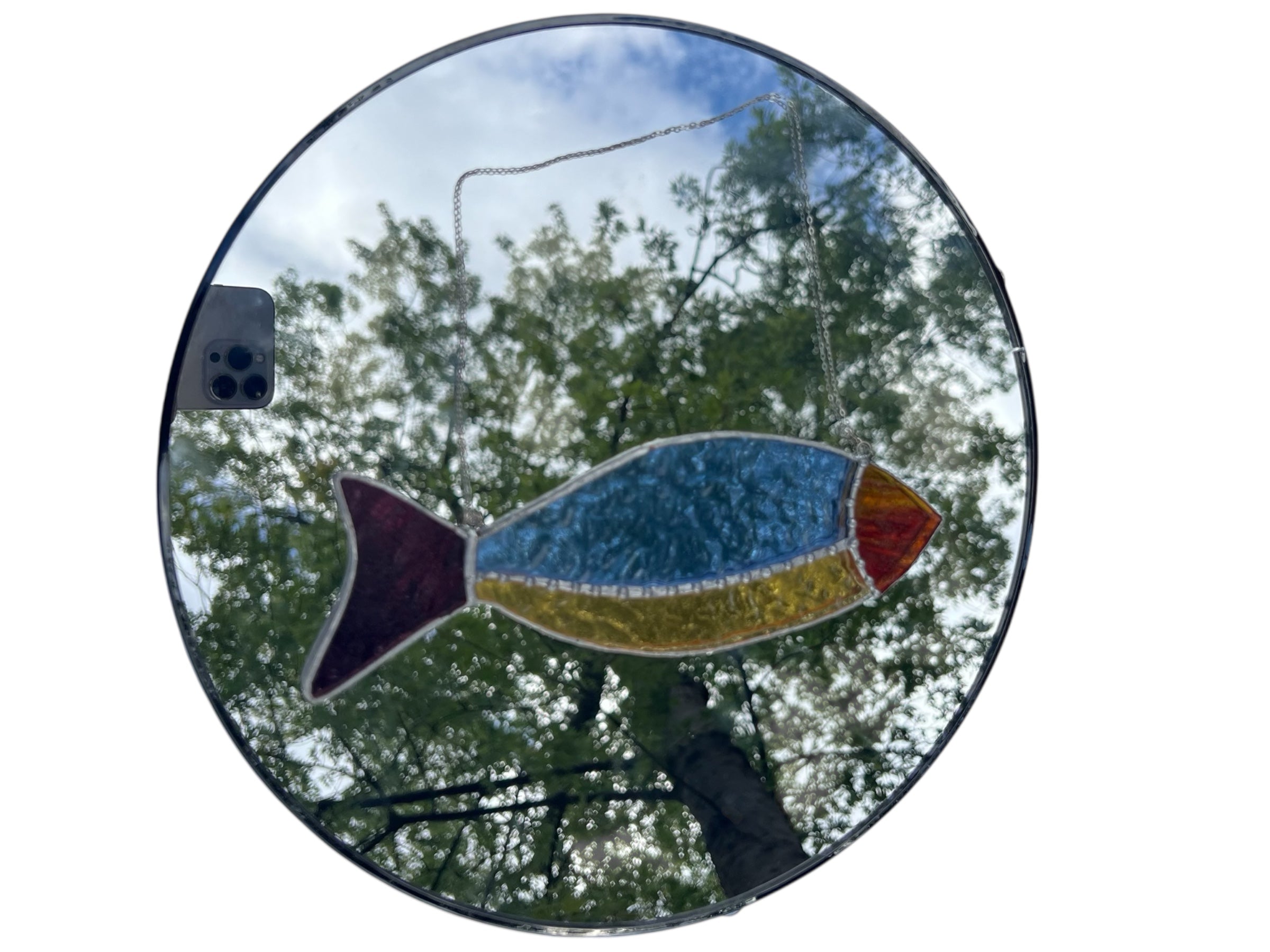 Stained Glass Fish suncatcher – Blue & Yellow, Textured Belly Detail