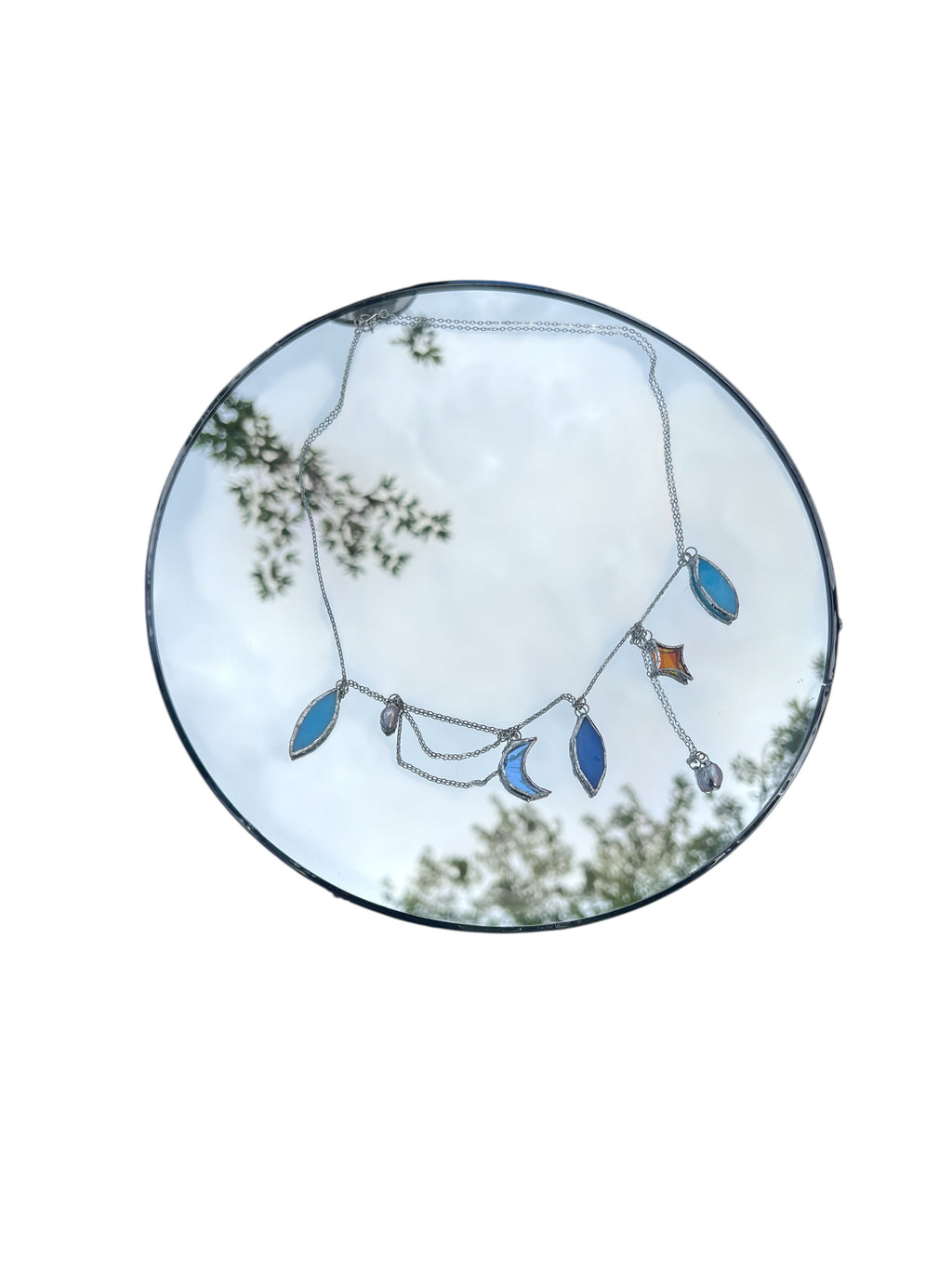 Celestial Charms Stained Glass Necklace with Fresh water Pearl – Moon & Star