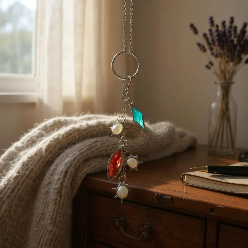Vivid Edge Keychain – Colourful Stained Glass &amp; Spiky Pearl Accent