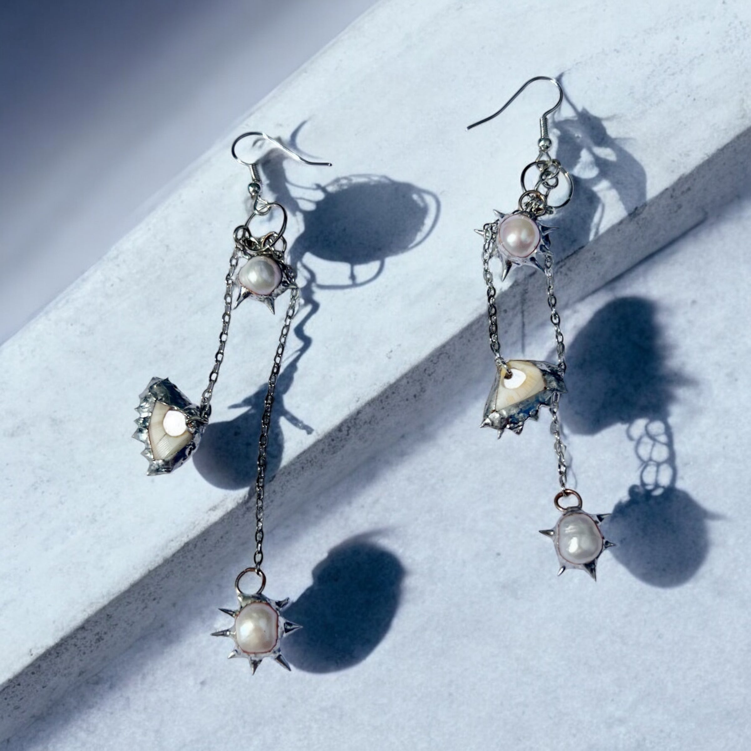'Can you sea me' Earrings – Spiky Solder with UK Seashell & Pearl Accents