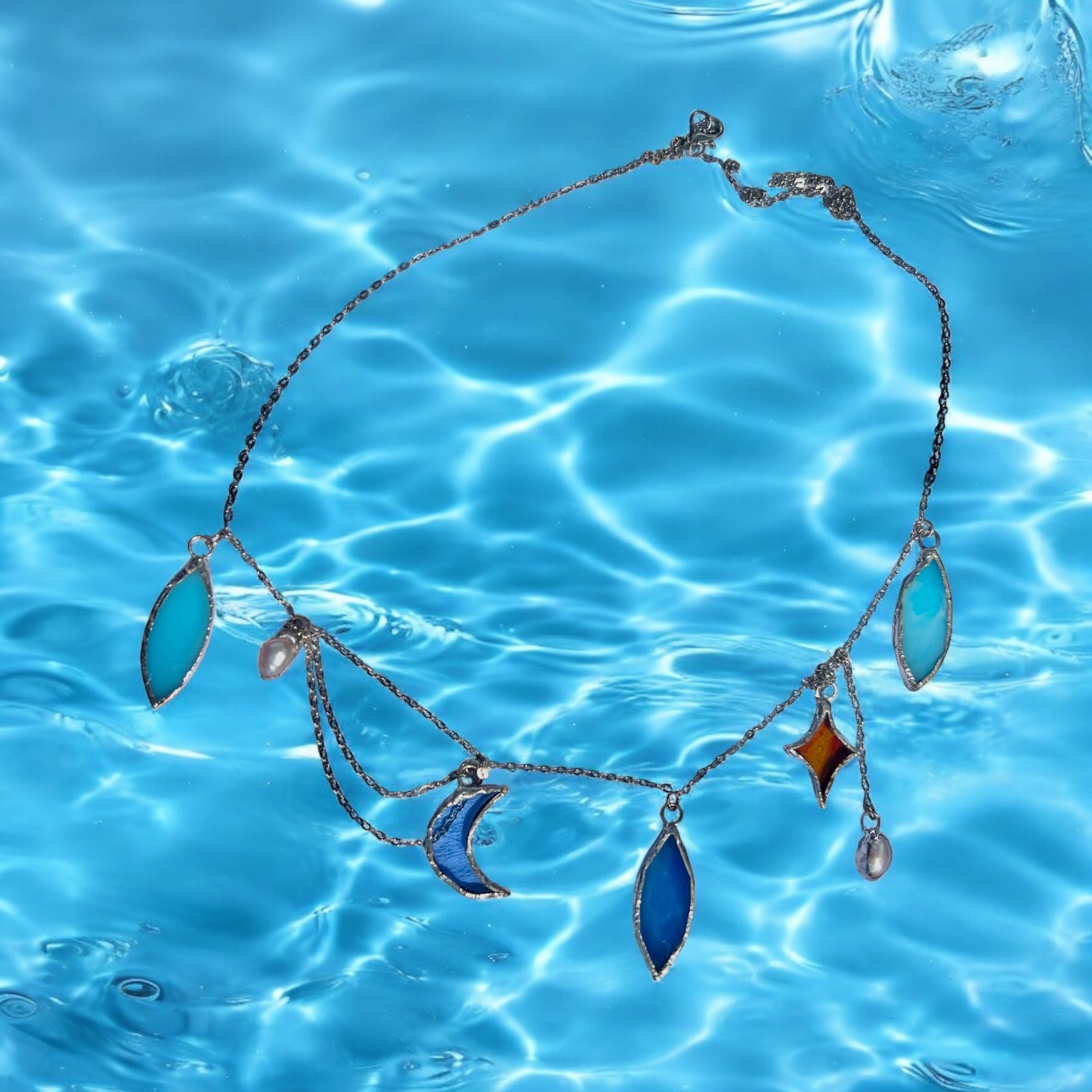 Celestial Charms Stained Glass Necklace with Fresh water Pearl – Moon & Star