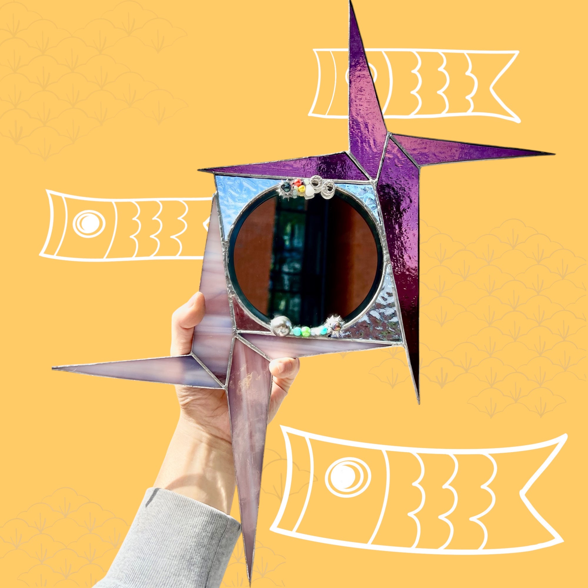 Groovy Starburst Mirror – Retro 60s Vibe with Purple Stained Glass