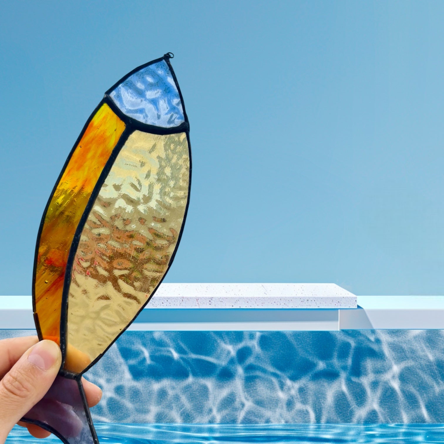 Black edges Stained Glass Fish suncatcher – Firey orange, yellow, sky blue