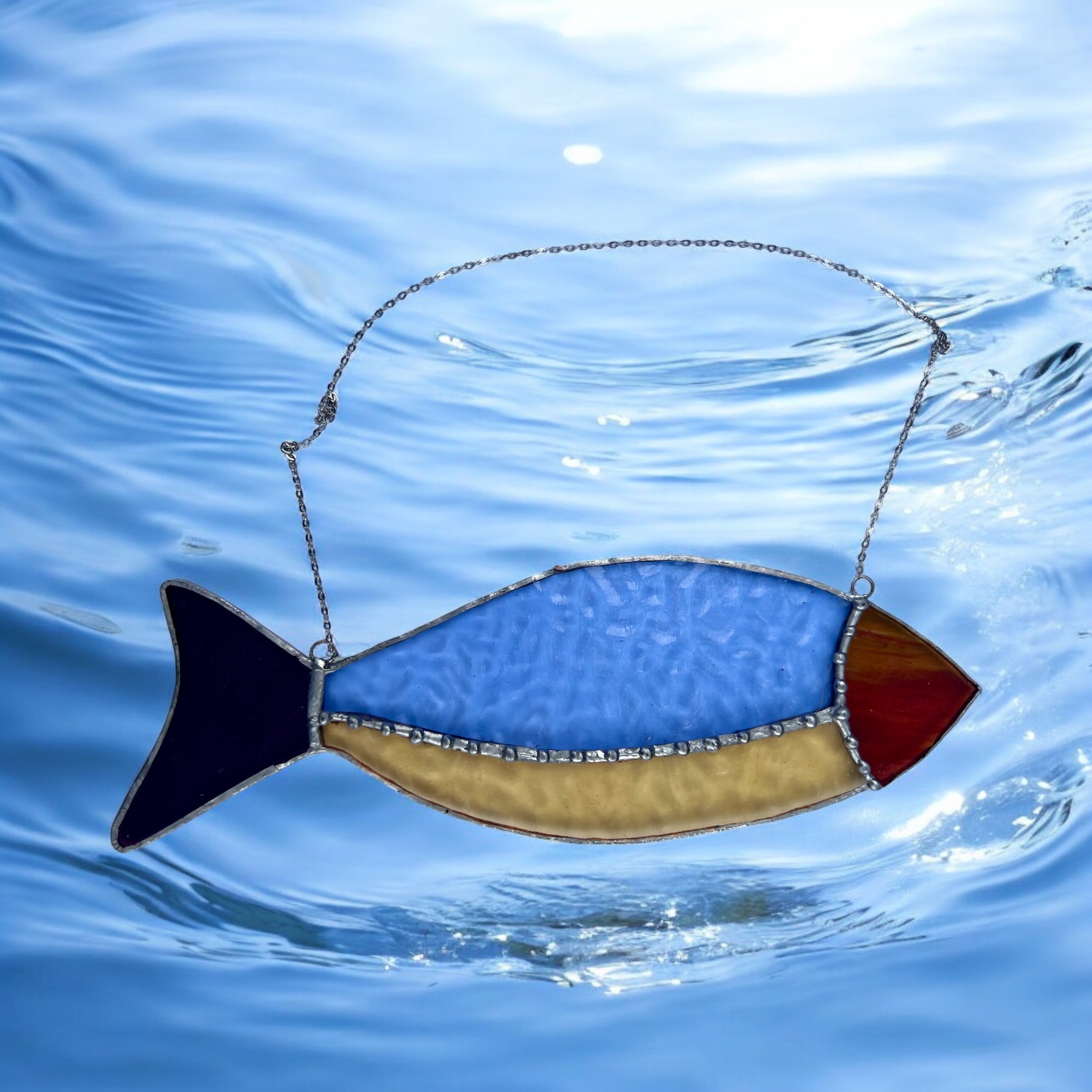 Stained Glass Fish suncatcher – Blue & Yellow, Textured Belly Detail