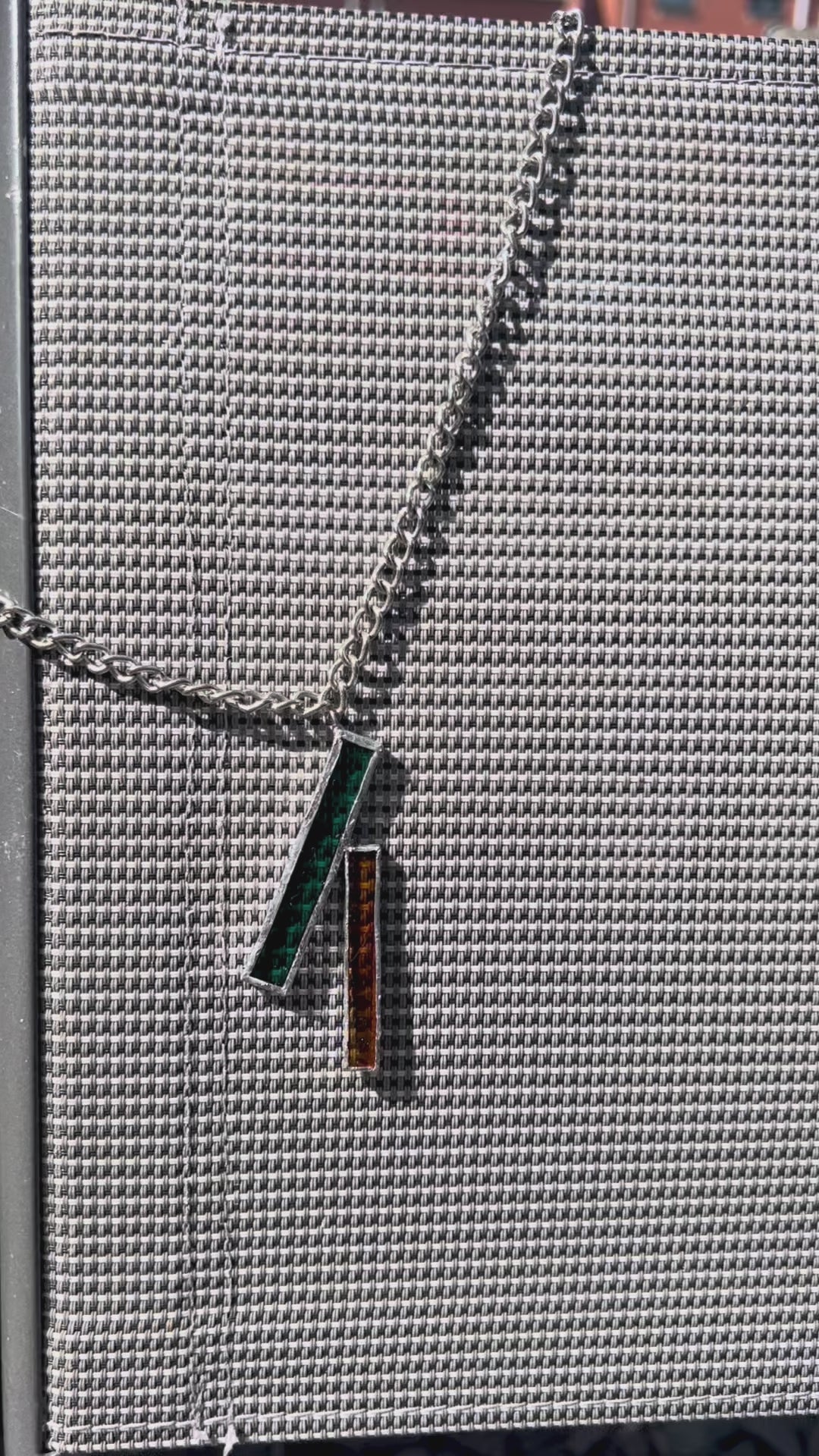 Leo Flame Necklace – Green & Orange Stained Glass on Thick Stainless Steel Chain