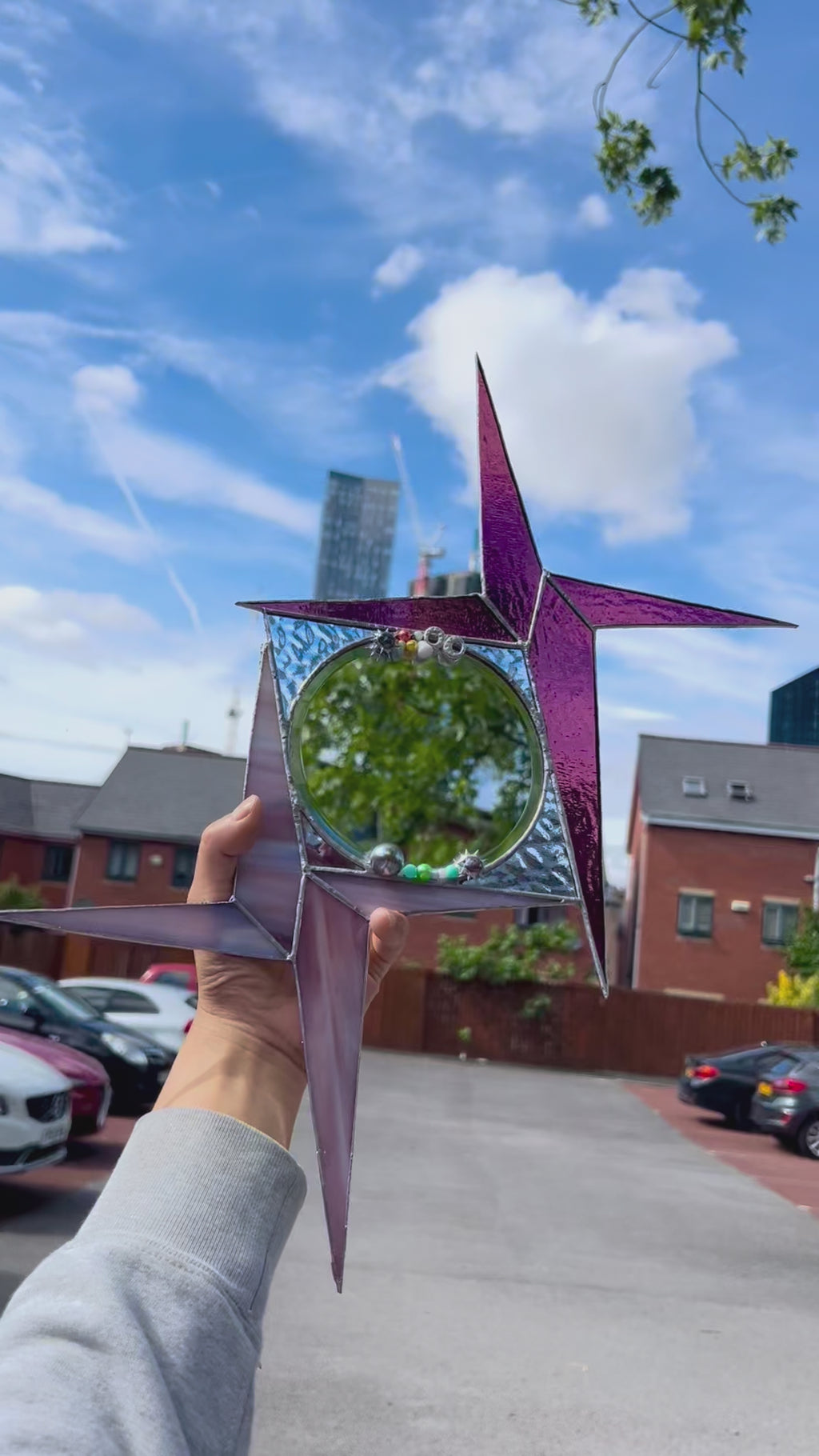 Groovy Starburst Mirror – Retro 60s Vibe with Purple Stained Glass