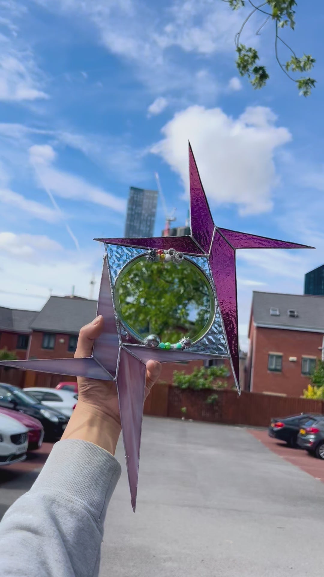Groovy Starburst Mirror – Retro 60s Vibe with Purple Stained Glass