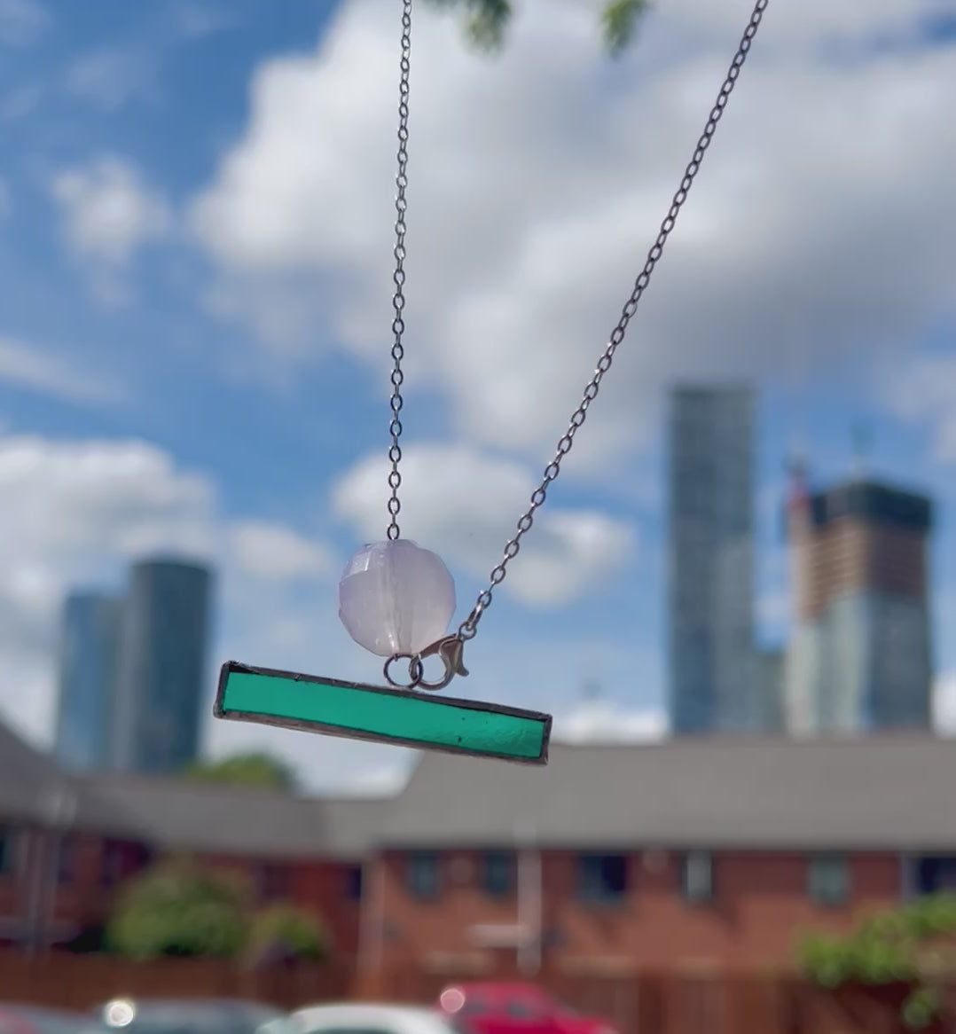 Emerald Glass Stainless Steel Necklace with Adjustable Lilac Bead